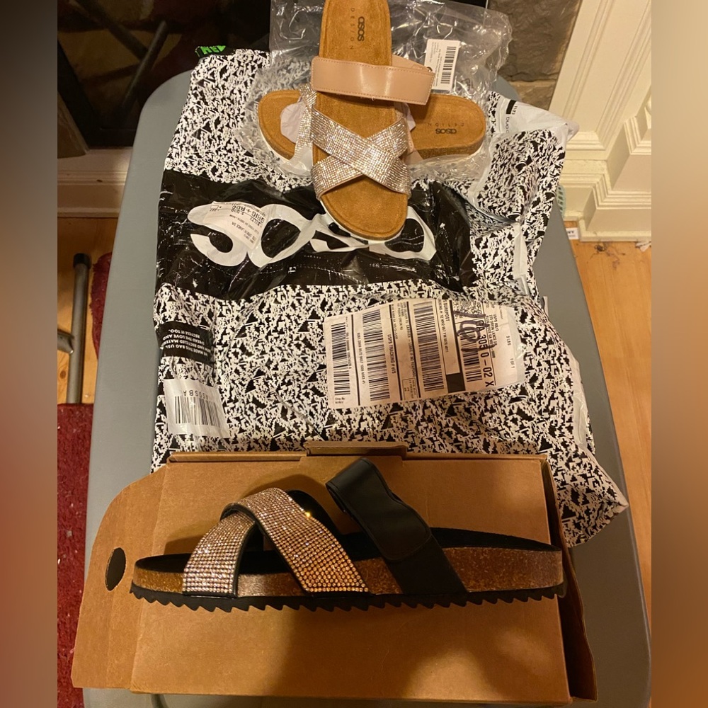 ASOS sandals. Two pair, size 8. One black and silver, one pink and silver.